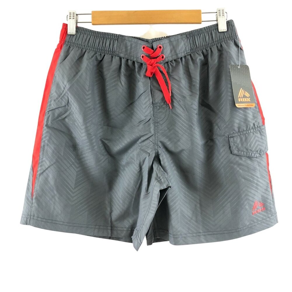 RBX Mens Swim Trunks Cargo Striped Gray Red Mesh Elastic Waist Size S